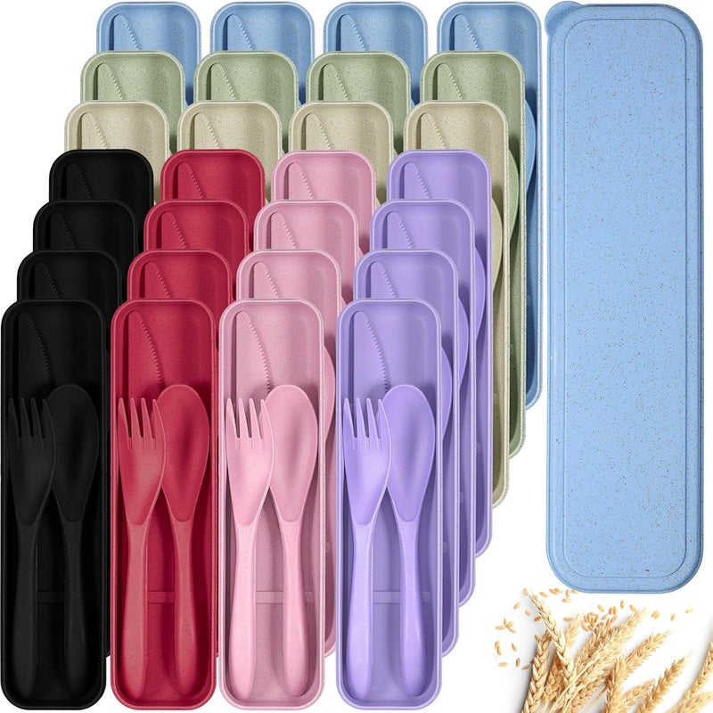 Yahenda 28 Sets Reusable Travel Utensils Set with Case Wheat Straw Cutlery Portable Spoon Knife Fork Tableware Lunch Box Accessories Bulk for Adult Travel Picnic Camping Utensil Gifts(Assorted Colors) - Image 1